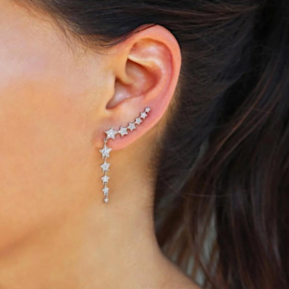 Anthropologie Silver Star Dangle Ear Crawler Earrings